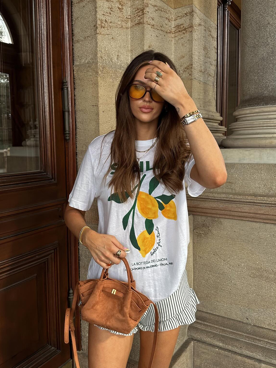Vintage Lemon Print Oversized Short Sleeve T-Shirt for Women - Retro Summer 90s Style Hot Girl Top