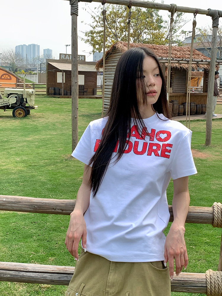 Vintage Letter Print Short Sleeve T-Shirt for Men and Women, Casual Loose Fit, Breathable Base Layer, Retro American Style