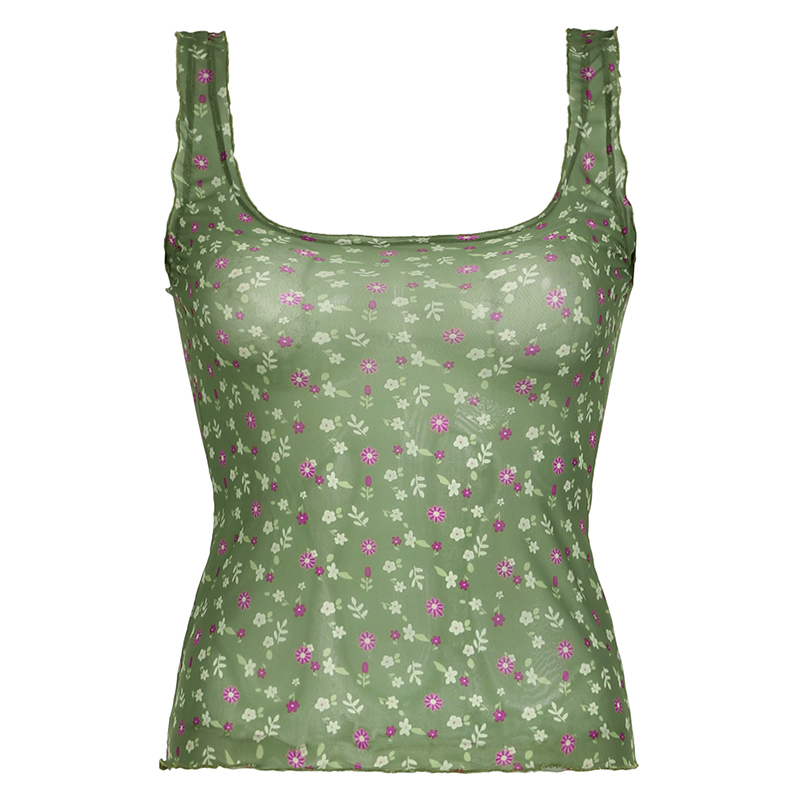 Vintage Mesh Floral Layered Slim Fit Spaghetti Strap Tank Top - Sexy Slimming Design for Y2K and 90s-Inspired Looks