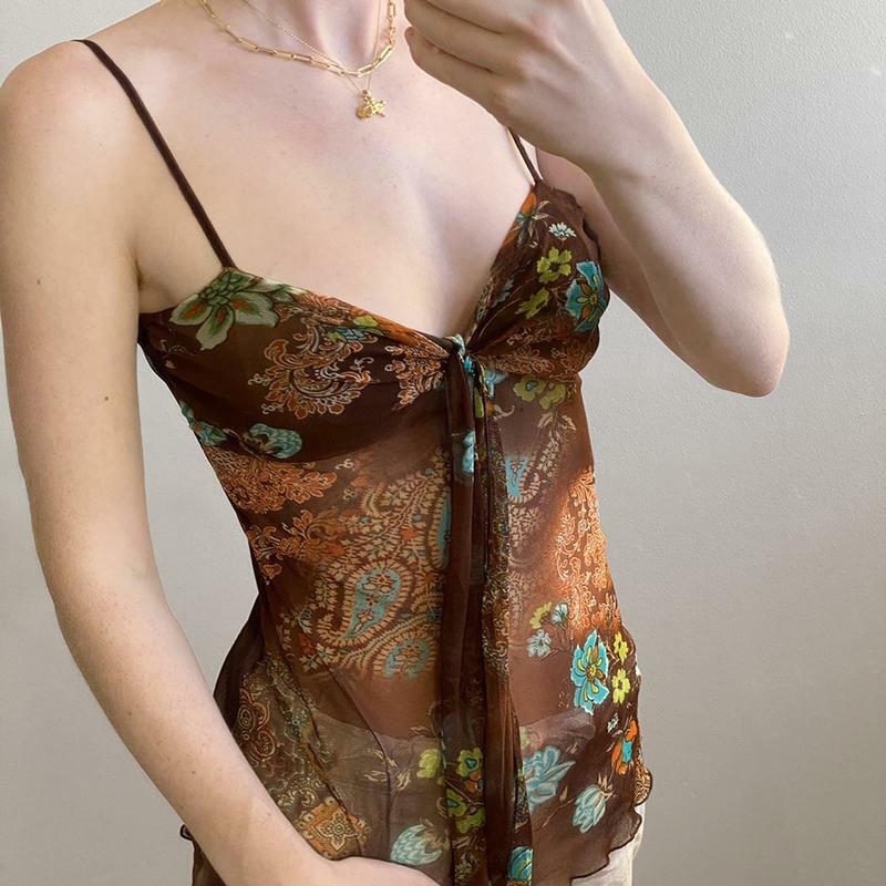 Vintage Niche Printed Sheer Fitted Camisole with Strap Design for Women - Perfect for Outerwear and 90s Y2K Style