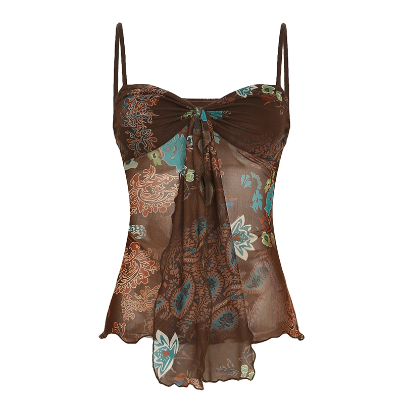 Vintage Niche Printed Sheer Fitted Camisole with Strap Design for Women - Perfect for Outerwear and 90s Y2K Style