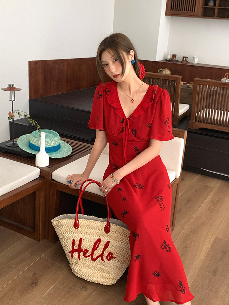 Vintage Night Rose Red French V-Neck Short Sleeve Flared Chiffon Dress for Women – Summer 90s Inspired Fashion