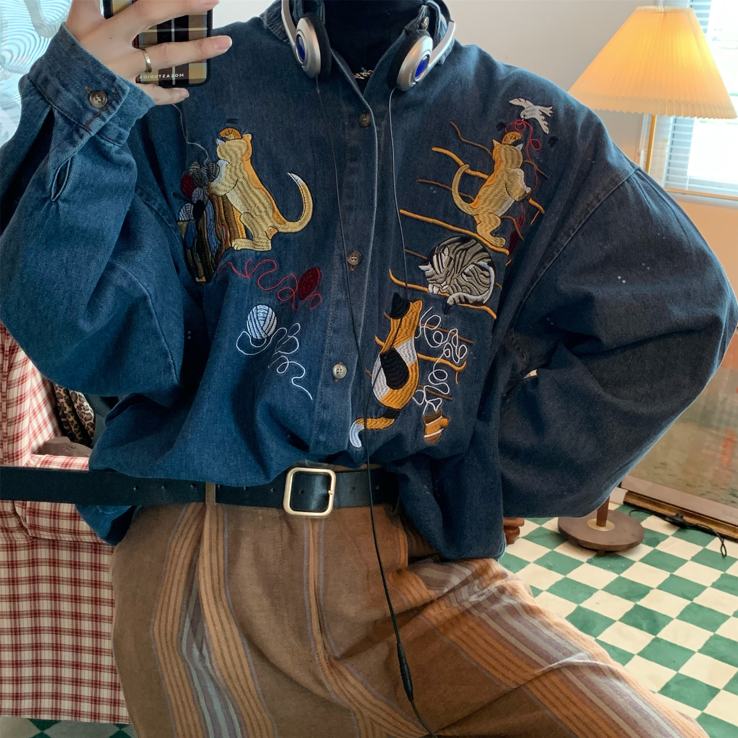 Vintage Oversized Denim Jacket with Cat Embroidery - Autumn 90s Style Fashion