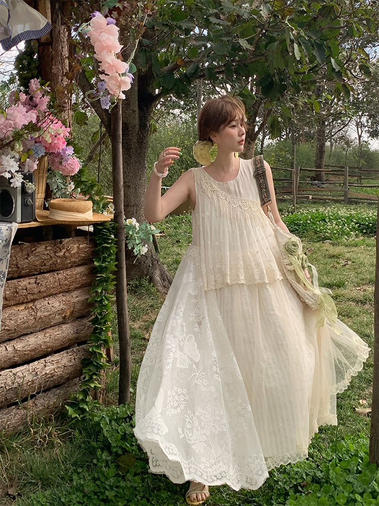 Vintage Pearl Dream Butterfly Lace Patchwork Sleeveless Dress - Women's Summer Forest Style Remake Long Dress, Y2K Aesthetic