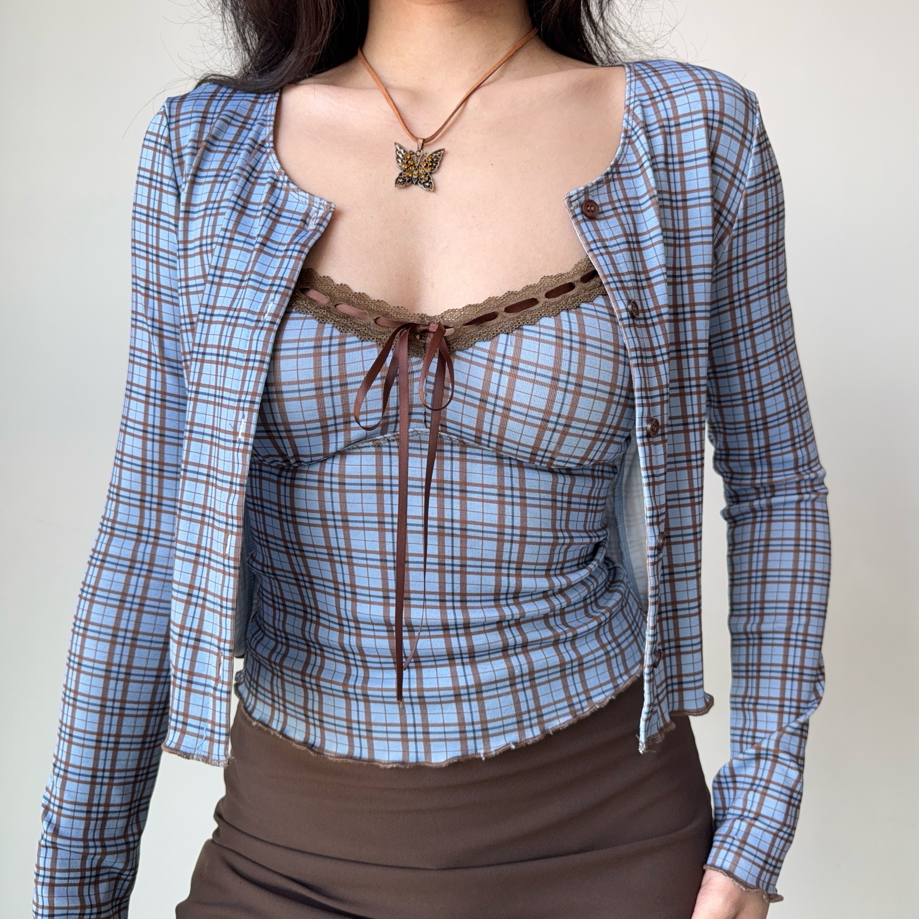 Vintage Plaid Camisole Cardigan Two-Piece Set for Women - Slim Fit Short Crop Top - Y2K Inspired Fashion