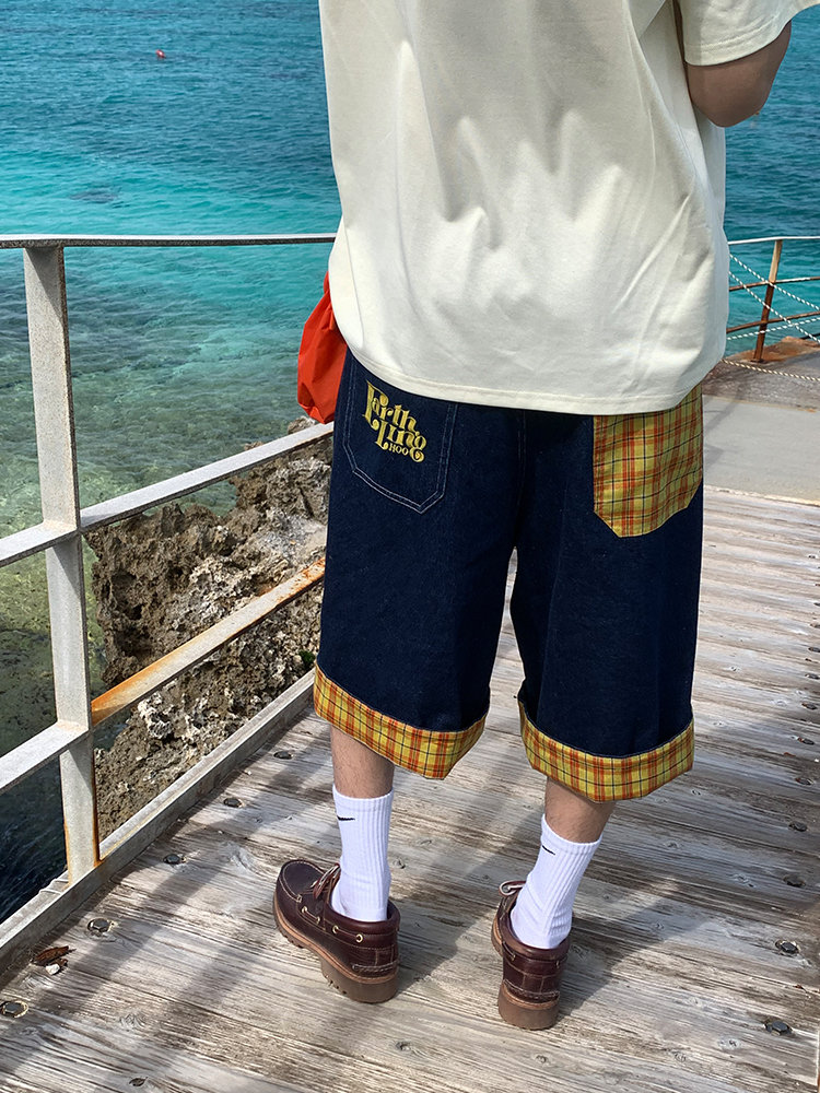 Vintage Plaid Patchwork Denim Shorts for Men and Women, Loose Casual Capris, Summer Streetwear, Retro Style