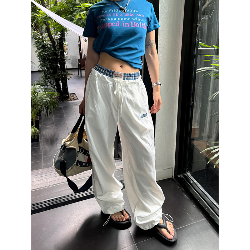 Vintage Plaid Wide-Leg Casual Pants for Summer - Unisex Loose Fit, Quick-Dry, Belted American Style Sportswear