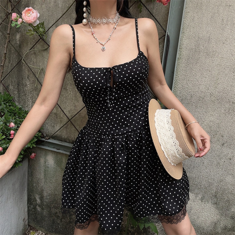 Vintage Polka Dot Lace Trim Mini Slip Dress - Handmade French Square Neck Drawstring for 2025 Spring/Summer Vacation Style