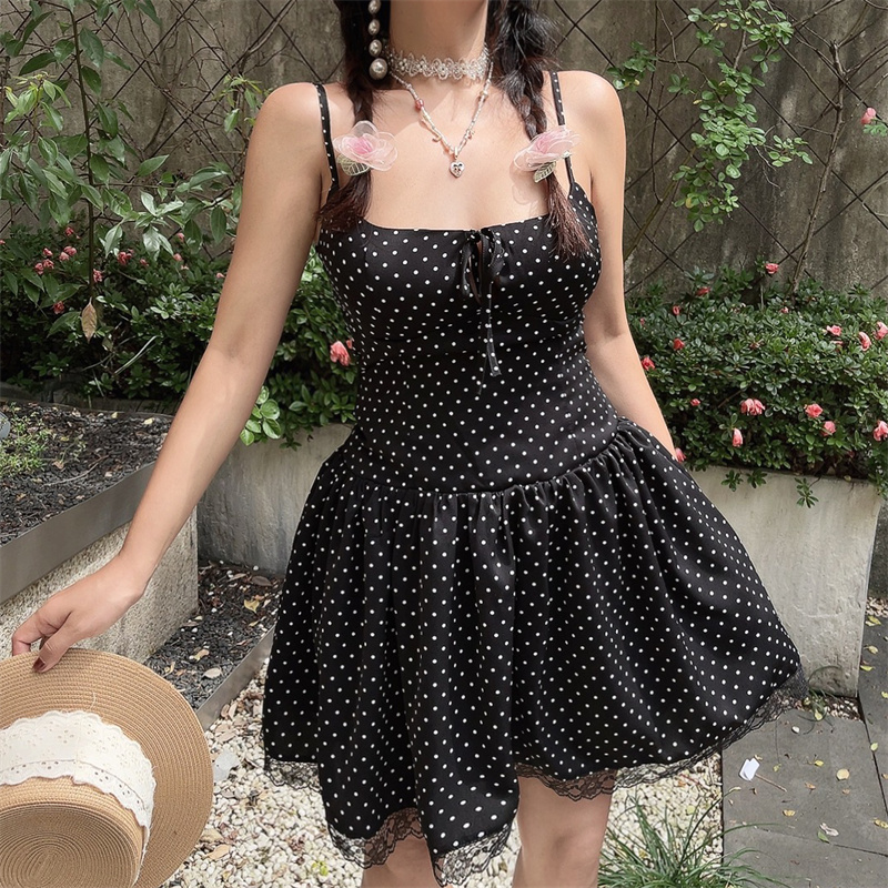 Vintage Polka Dot Lace Trim Mini Slip Dress - Handmade French Square Neck Drawstring for 2025 Spring/Summer Vacation Style