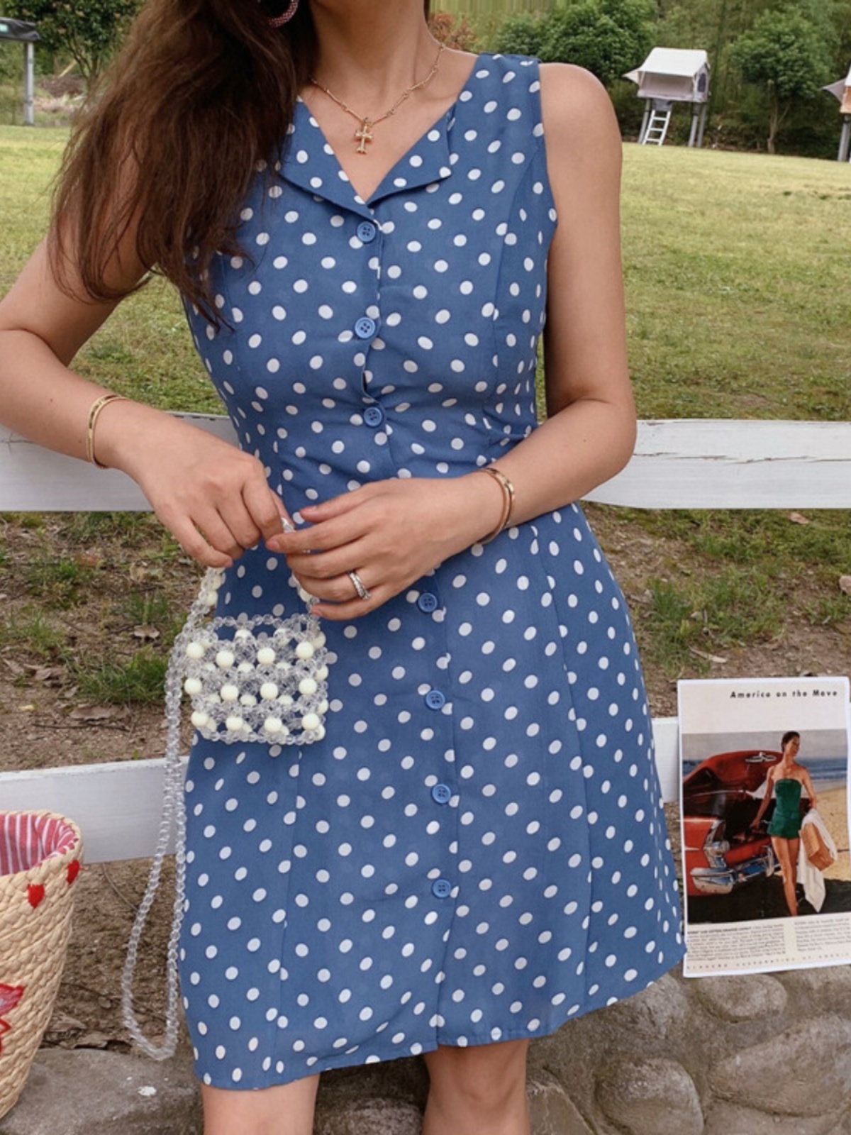 Vintage Polka Dot Sleeveless Vest Dress for Women - French Style, Small Lapel, Waist-Defined, 2022 Spring/Summer, Hong Kong Fashion