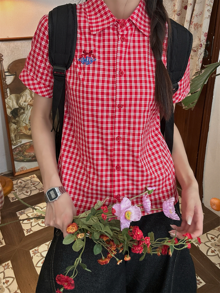 Vintage Red Plaid Short Sleeve Shirt with Lapel - Summer Slim Fit Casual Versatile Top for 90s Inspired Style