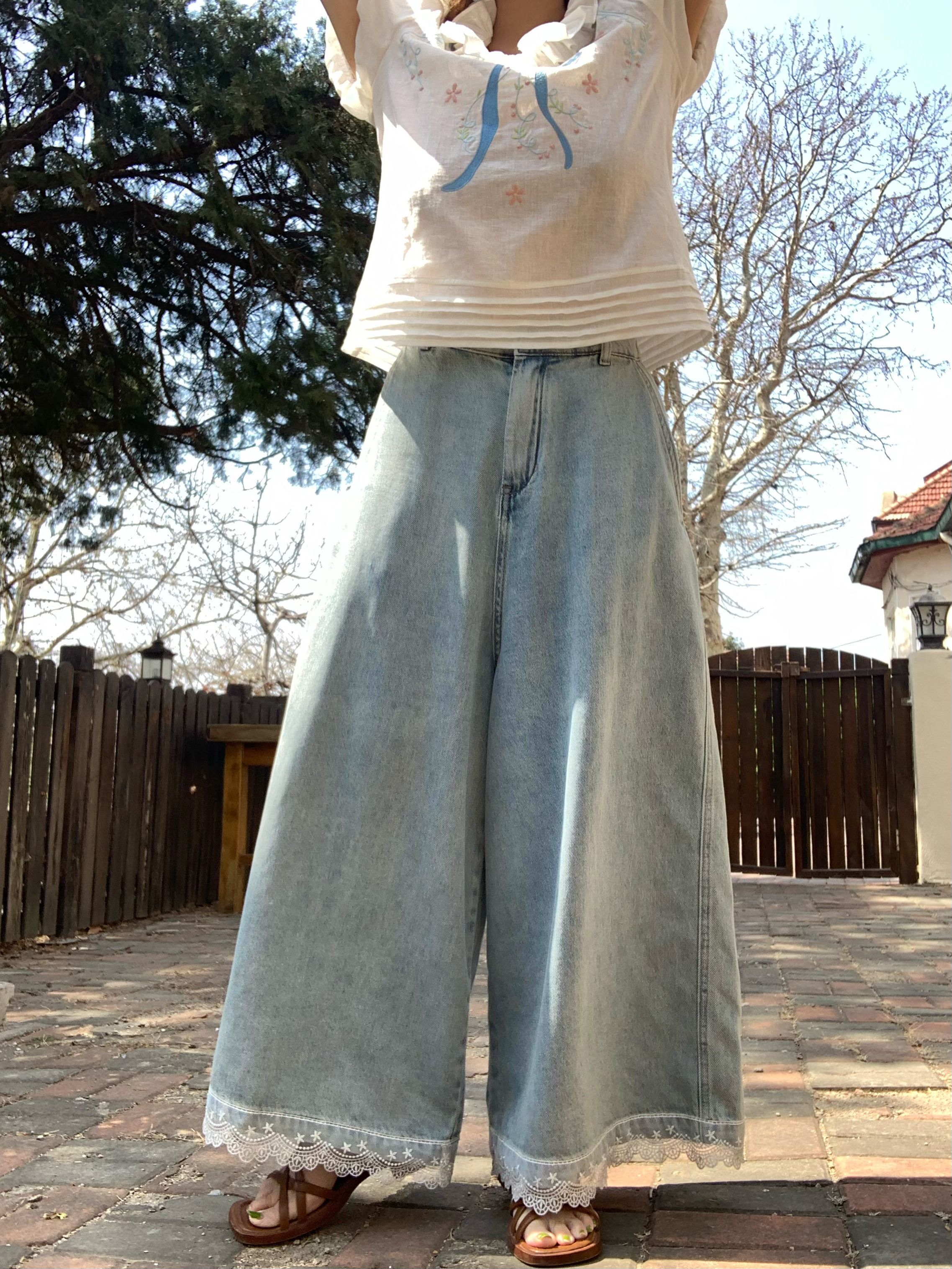 Vintage Retro Lace Trim High-Waisted Denim Pants for Women - Summer Loose Wide-Leg Trousers, 90s Inspired Fashion