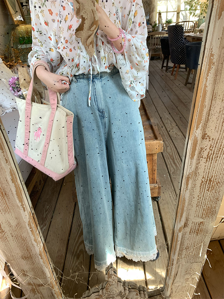 Vintage Retro Lace Trim High-Waisted Denim Pants for Women - Summer Loose Wide-Leg Trousers, 90s Inspired Fashion