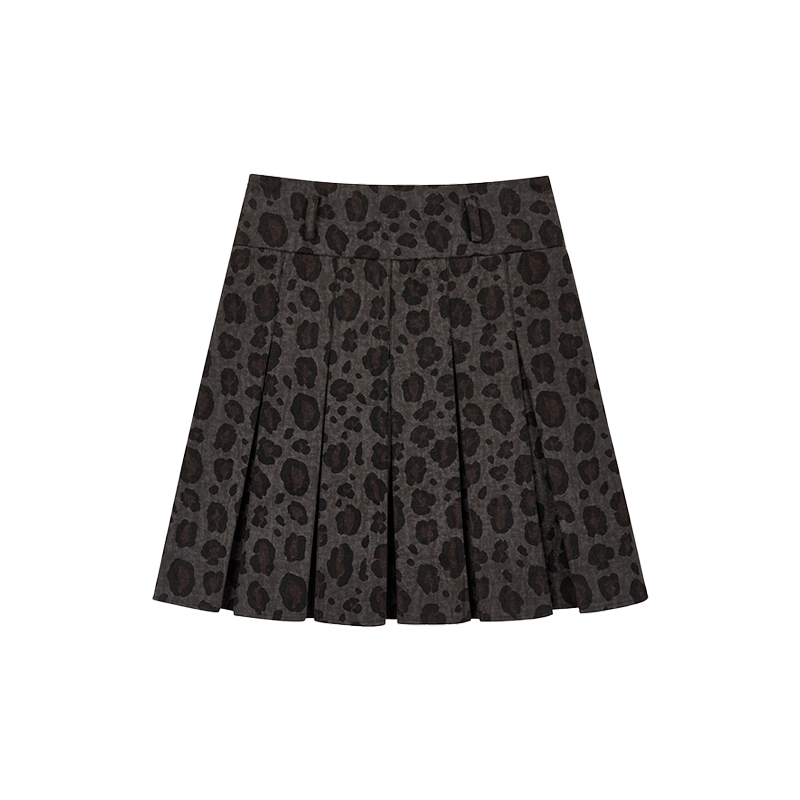 Vintage Retro Leopard Print A-Line Skirt - Low Waist Dark Gray Pleated Long Skirt for Spring and Autumn Fashion Trends