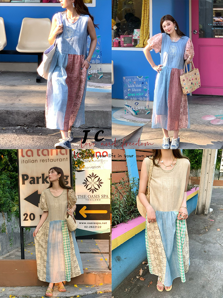 Vintage Retro Patchwork Short Sleeve Dress for Women - Summer Embroidered Puff Sleeve Long Dress in 90s Inspired Style