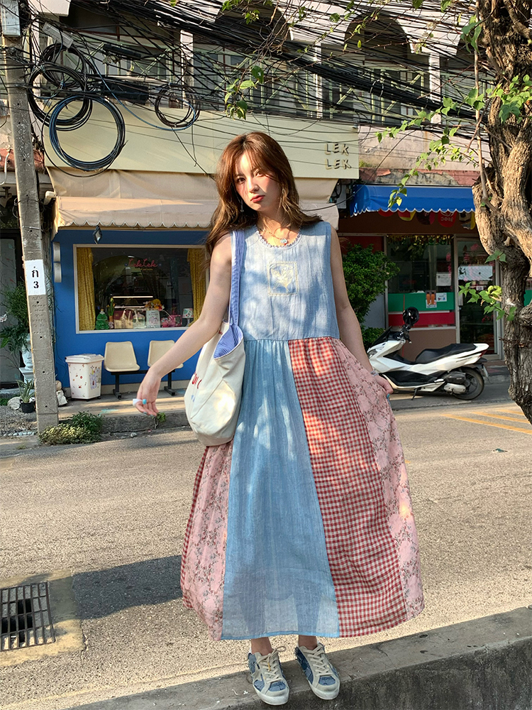 Vintage Retro Patchwork Short Sleeve Dress for Women - Summer Embroidered Puff Sleeve Long Dress in 90s Inspired Style