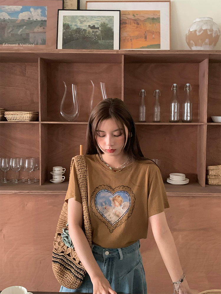 Vintage Retro Printed Short Sleeve T-Shirt for Women - Summer Thin Loose Round Neck Top, Y2K Style, Casual Fashion Essential