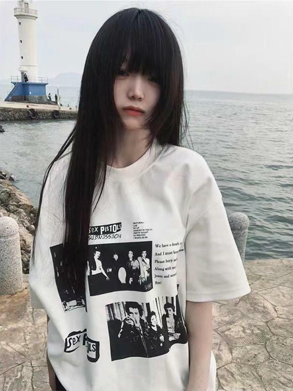 Vintage Rock Band Poster Printed Loose Oversized Short-Sleeve T-Shirt for Women - Summer 2025 Y2K Style