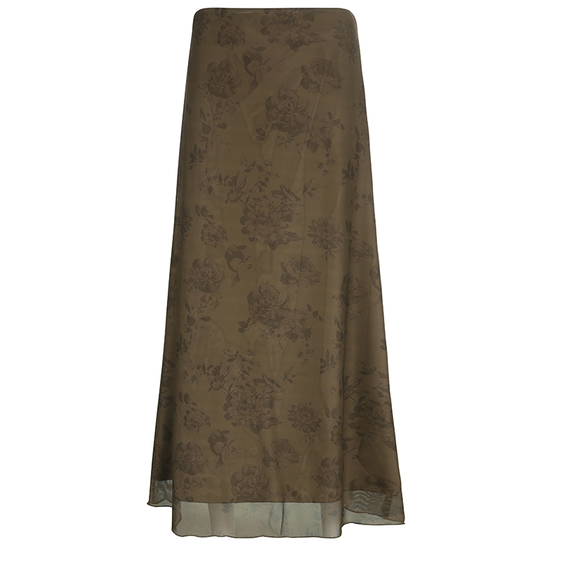 Vintage Rose Print Mesh Midi Skirt for Women, Wabi-Sabi Style, Low Waist, Draped, Retro Aesthetic, Hip-Covering, Long Straight Design
