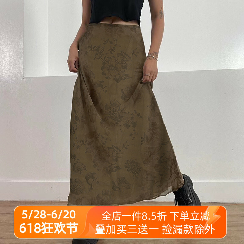 Vintage Rose Print Mesh Midi Skirt for Women, Wabi-Sabi Style, Low Waist, Draped, Retro Aesthetic, Hip-Covering, Long Straight Design