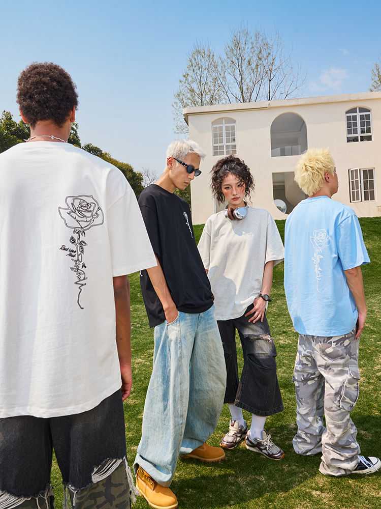 Vintage Rose Print Short Sleeve T-Shirt for Couples - Unisex American Streetwear Loose Fit 2025 Y2K Style