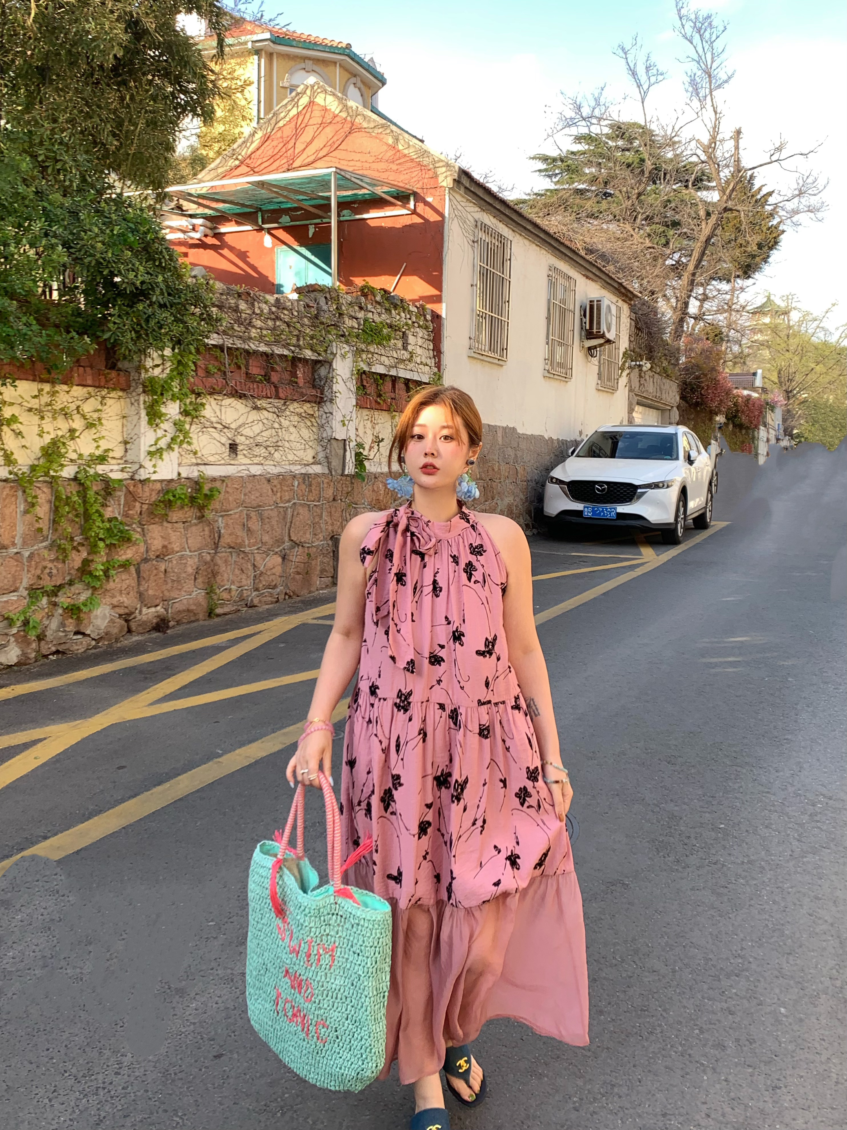 Vintage Rose Sea Wave French Print Sheer Halter Dress - Women's Summer Loose Retro Maxi Dress for Boho Style