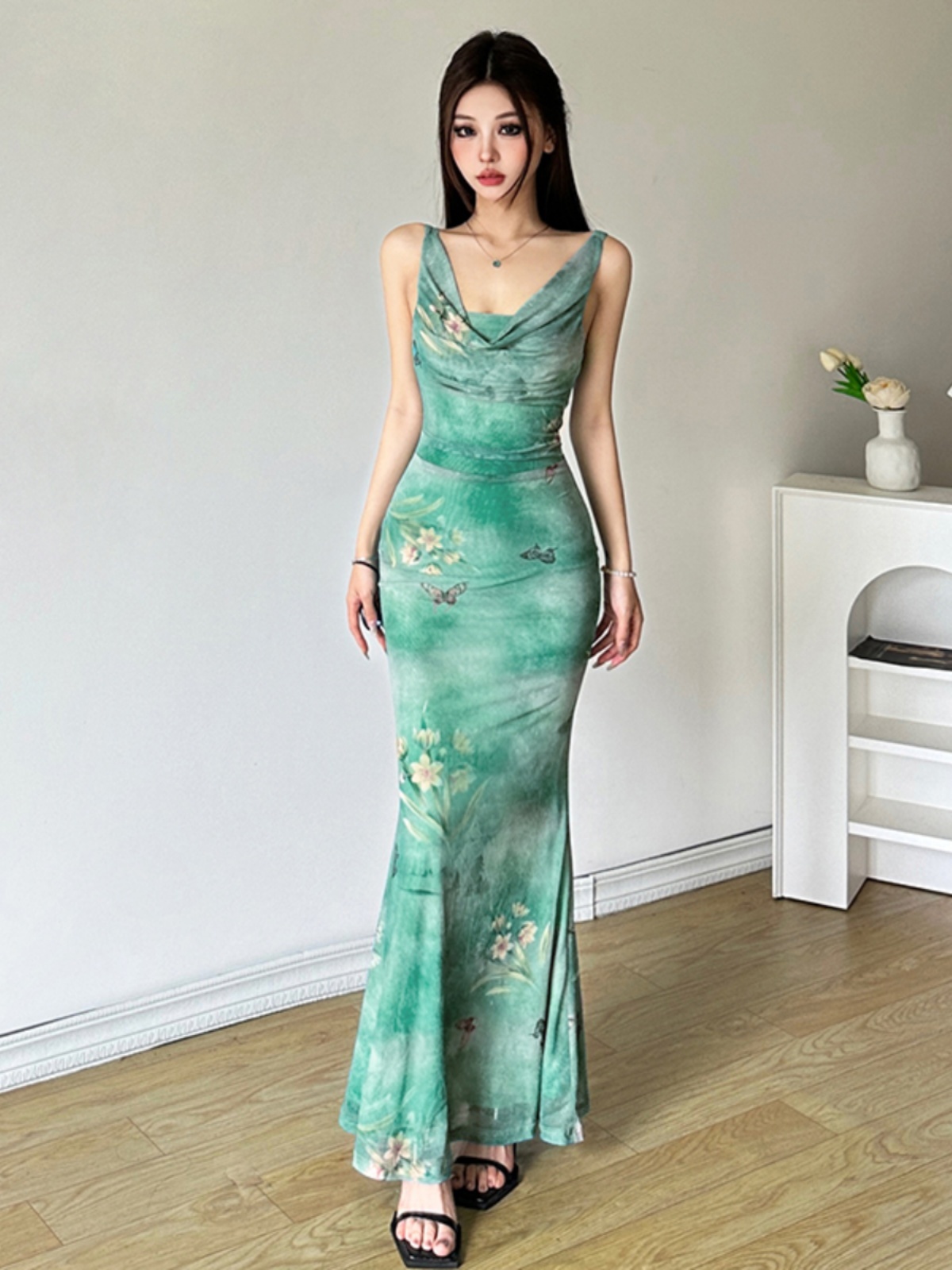 Vintage Ruffled Butterfly Print Mesh Dress with Long Skirt - Retro Style, 90s Inspired, Mint Green Mambo Design