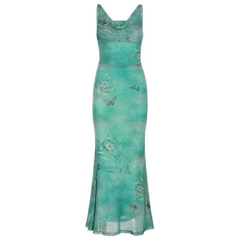 Vintage Ruffled Butterfly Print Mesh Dress with Long Skirt - Retro Style, 90s Inspired, Mint Green Mambo Design