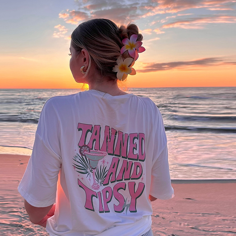 Vintage Seaside Vacation Style Printed Cotton Short Sleeve T-Shirt for Women - Oversized Trendy European American Fashion