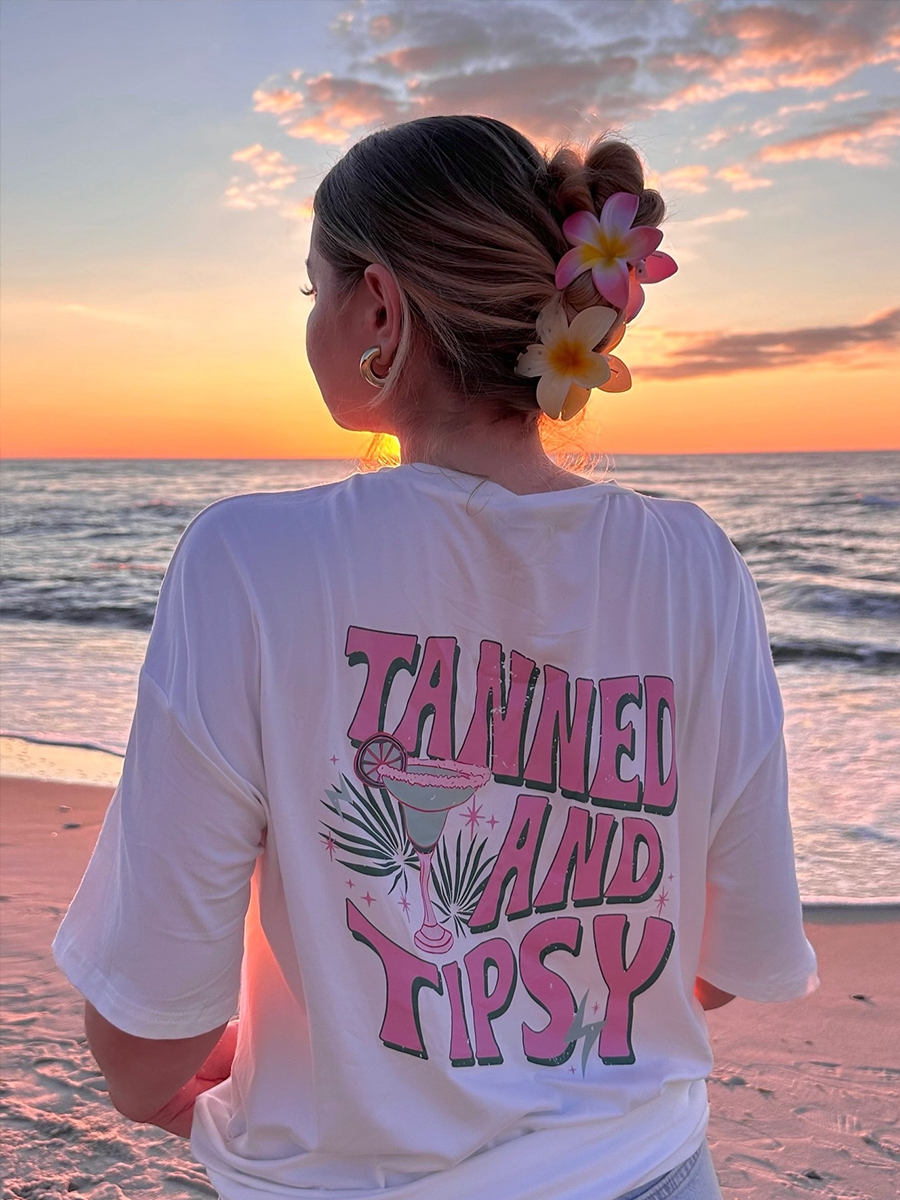 Vintage Seaside Vacation Style Printed Cotton Short Sleeve T-Shirt for Women - Oversized Trendy European American Fashion