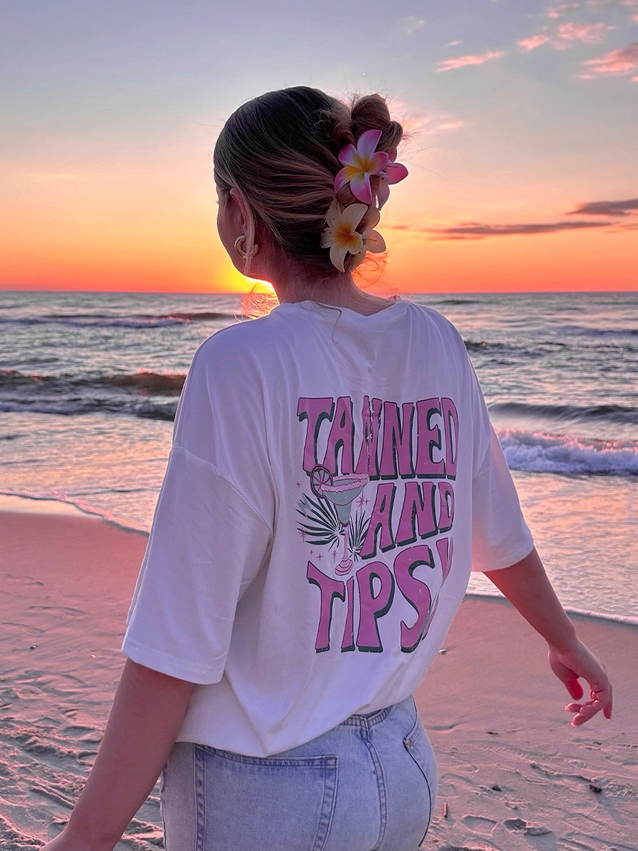 Vintage Seaside Vacation Style Printed Cotton Short Sleeve T-Shirt for Women - Oversized Trendy European American Fashion