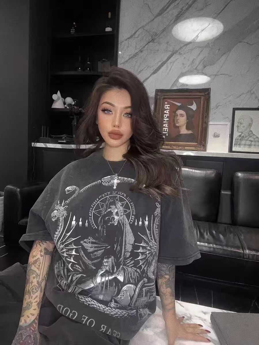 Vintage Skull Print Washed Distressed Short Sleeve T-Shirt for Couples - Trendy American Street Style