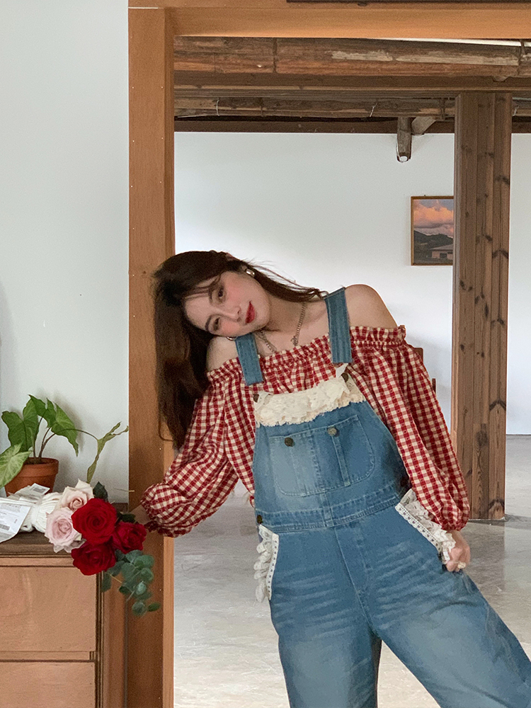 Vintage Spring Garden Off-Shoulder Checkered Long Sleeve Shirt for Women - Lantern Sleeve One-Shoulder Blouse for Spring Summer