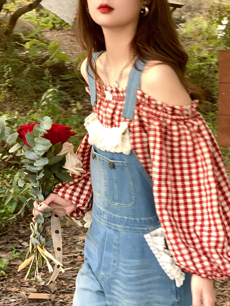 Vintage Spring Garden Off-Shoulder Checkered Long Sleeve Shirt for Women - Lantern Sleeve One-Shoulder Blouse for Spring Summer