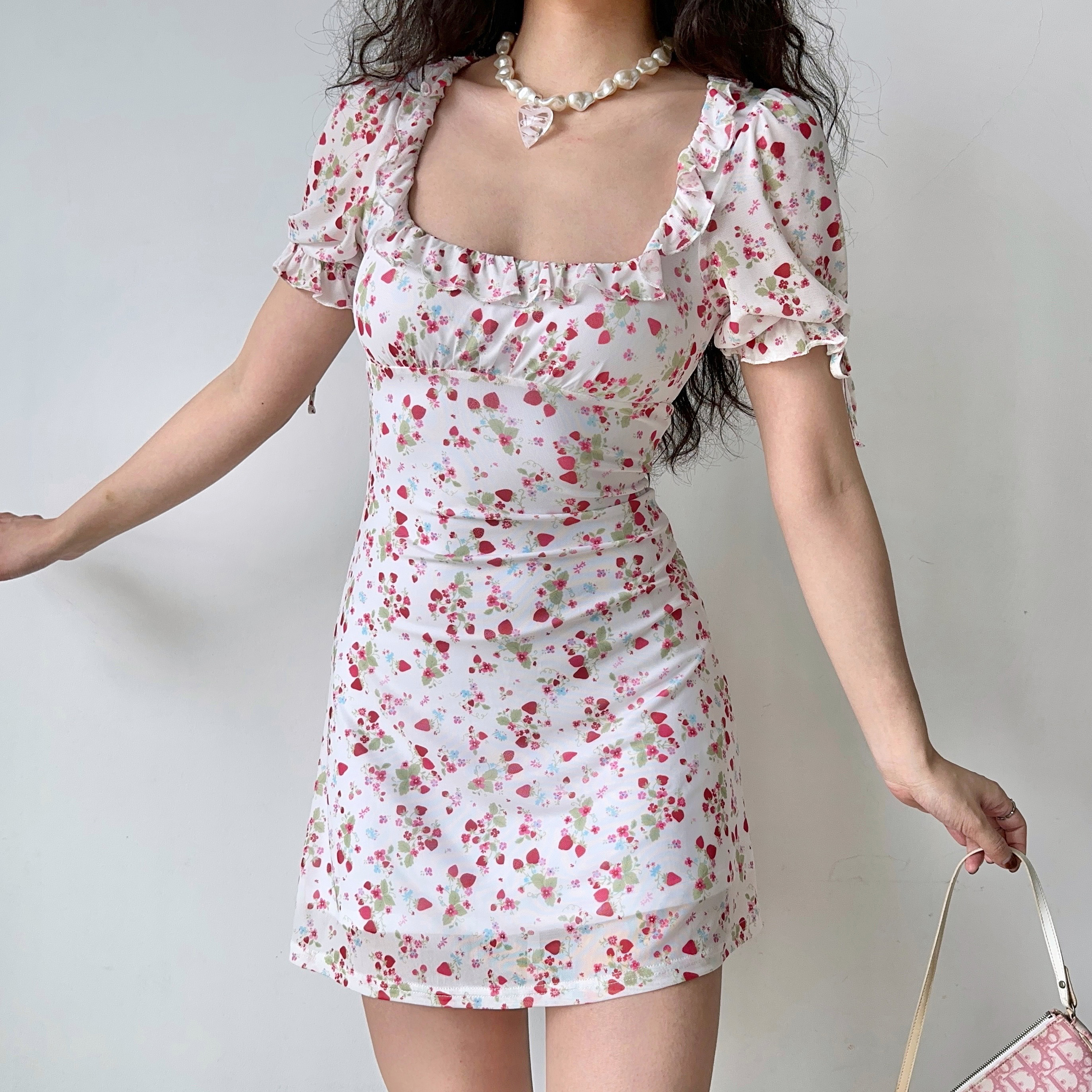 Vintage Strawberry Floral Square Neck Short Sleeve Dress for Women - Handmade with Puff Sleeves and Slim Fit - 90s Inspired Fashion