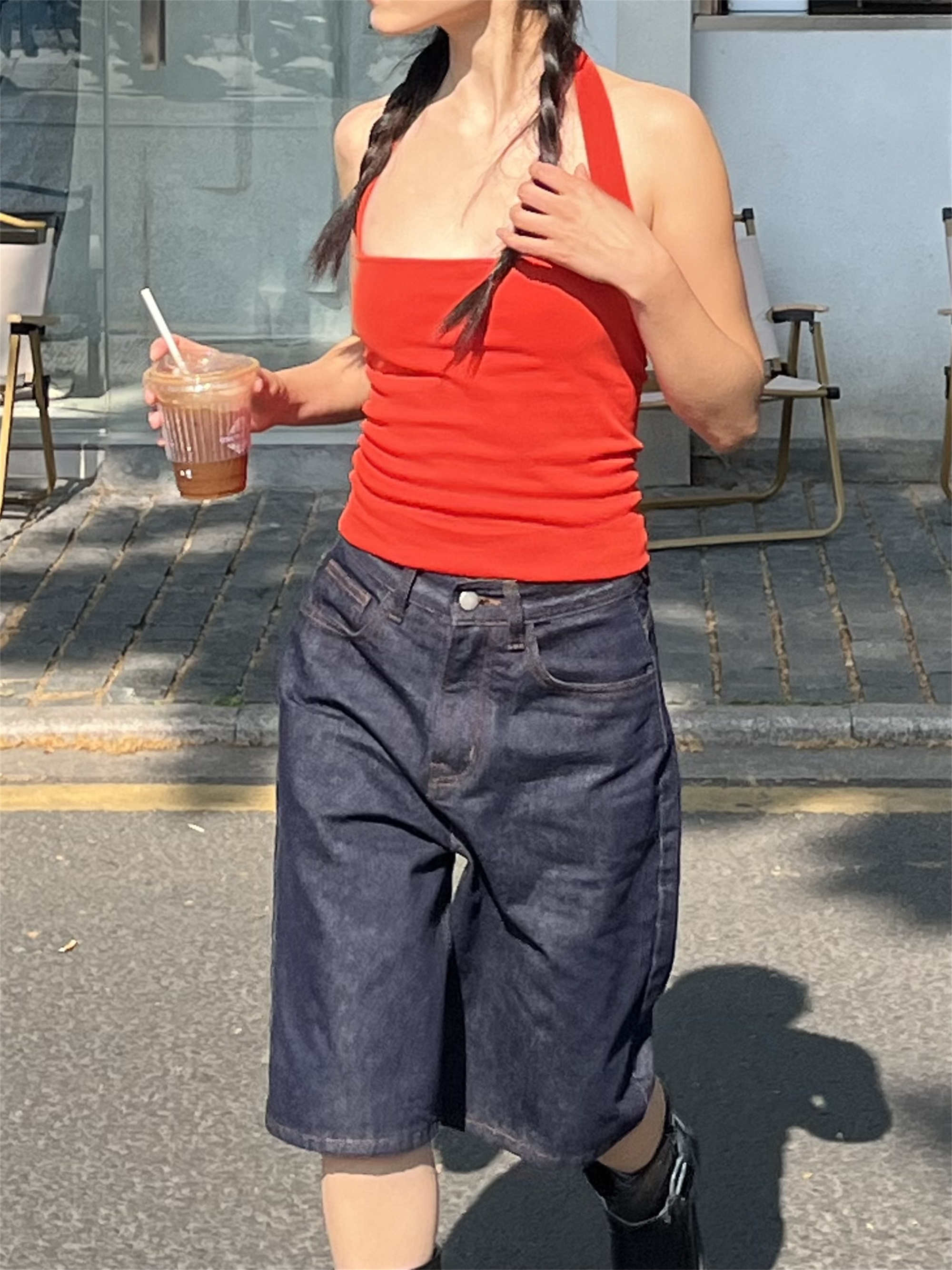 Vintage Street Style Five-Point Denim Shorts for Women, Slim Fit Boyfriend Capris, Casual American Fashion, Summer Essential