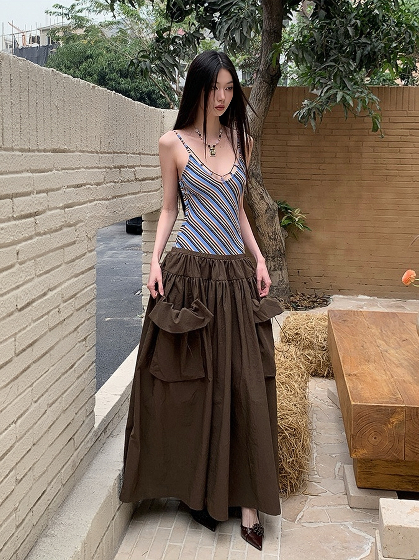 Vintage Summer Striped Spliced Design Faux Two-Piece Long Camisole Dress - Y2K Inspired Fashion