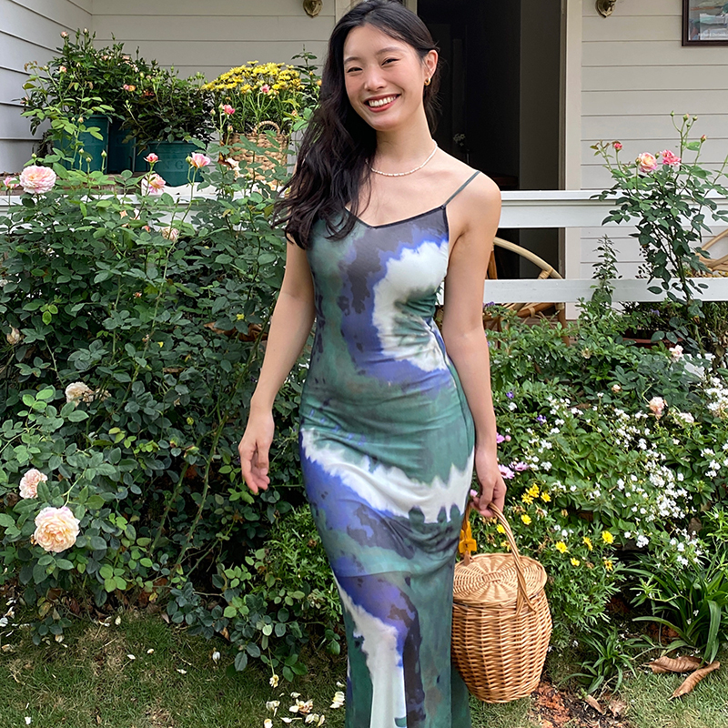 Vintage Tie-Dye Long Slim Sexy Split Dress with French Print - 90s Inspired Fashion