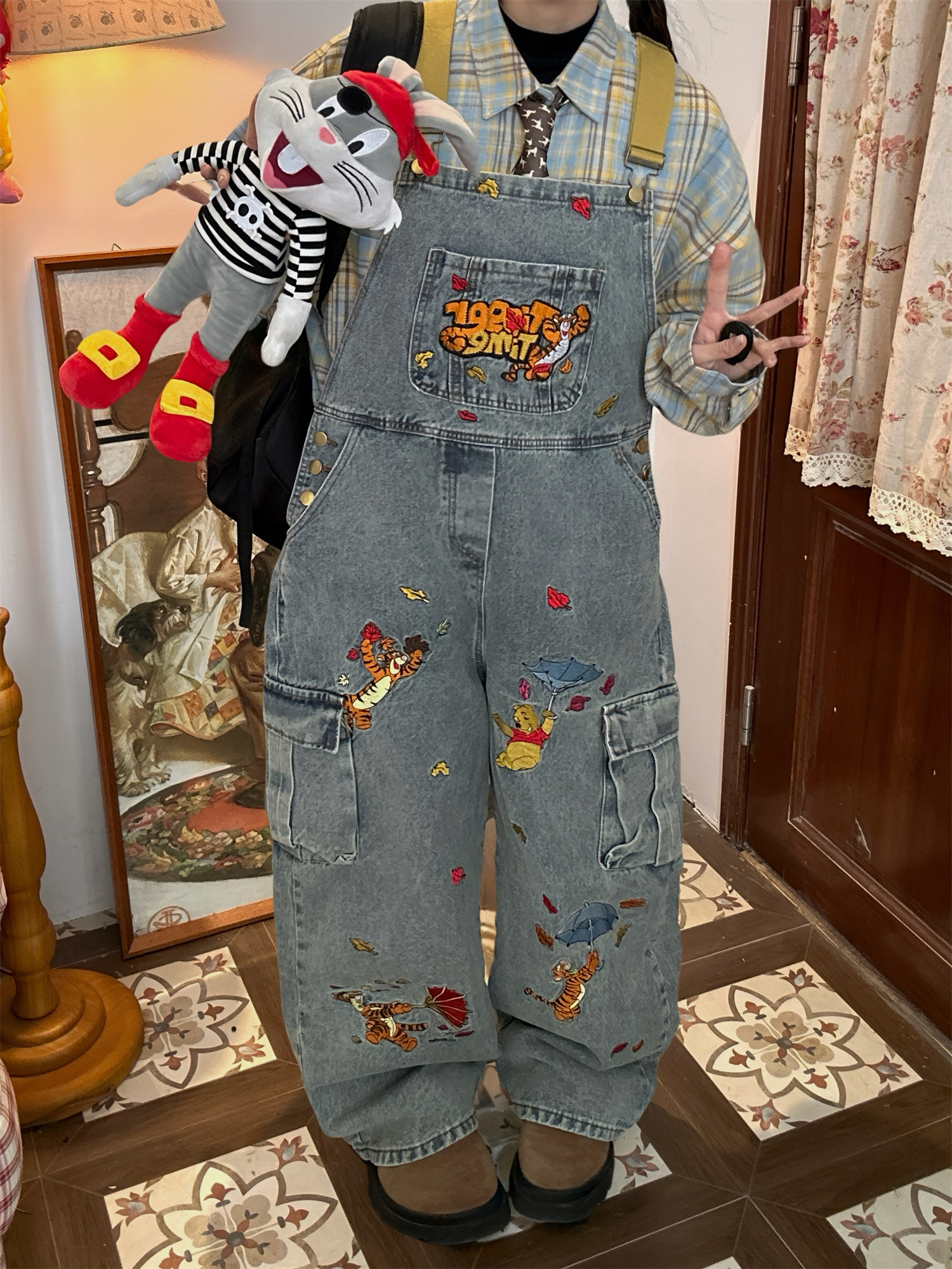 Vintage Washed Blue Denim Overalls Unisex Retro Jumpsuit for a Playful 90s Style Look - Versatile Fashion Essential