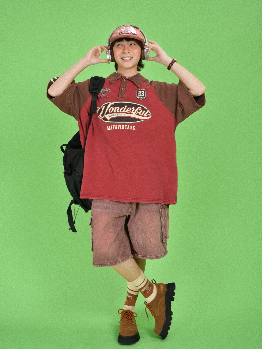 Vintage Washed Distressed Color-Blocked Polo Shirt with Letter Print, Short Sleeves, Loose Fit, Trendy Y2K Style