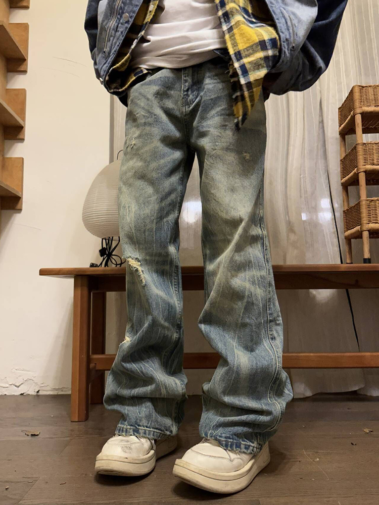 Vintage Washed Distressed Straight Leg Jeans for Men - Loose Fit Wide Leg Pants, Retro 90s Style