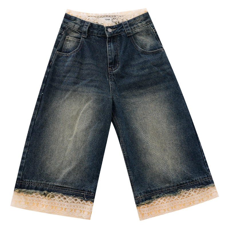 Vintage Washed Lace Spliced Denim Wide-Leg Shorts - Women's 7/10 American Style Fashion Pants