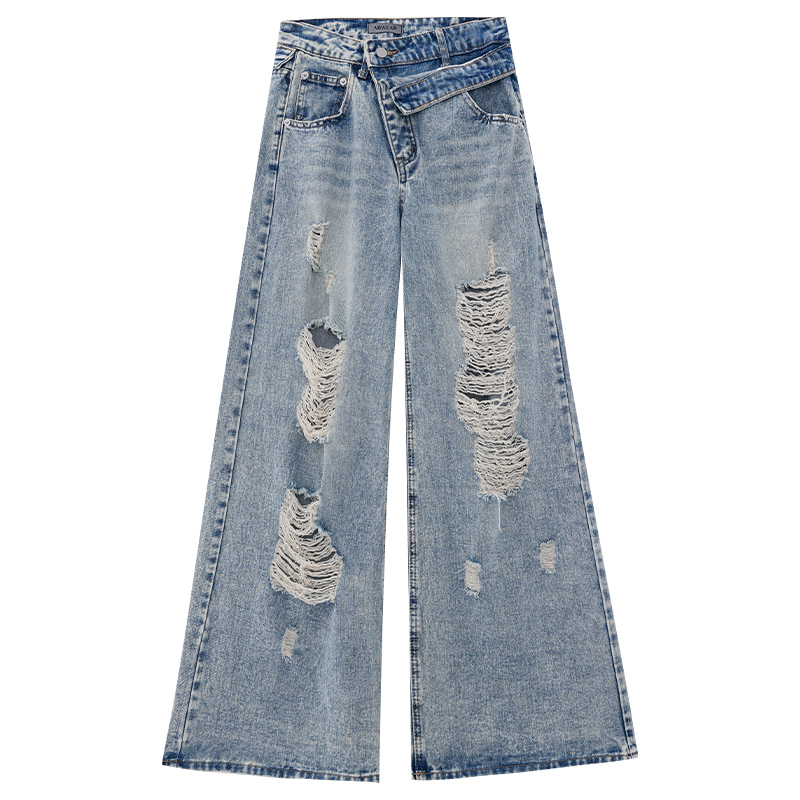 Vintage Washed Ripped Jeans for Women - 2025 Summer Loose Wide-Leg Denim Pants - Retro 90s Style