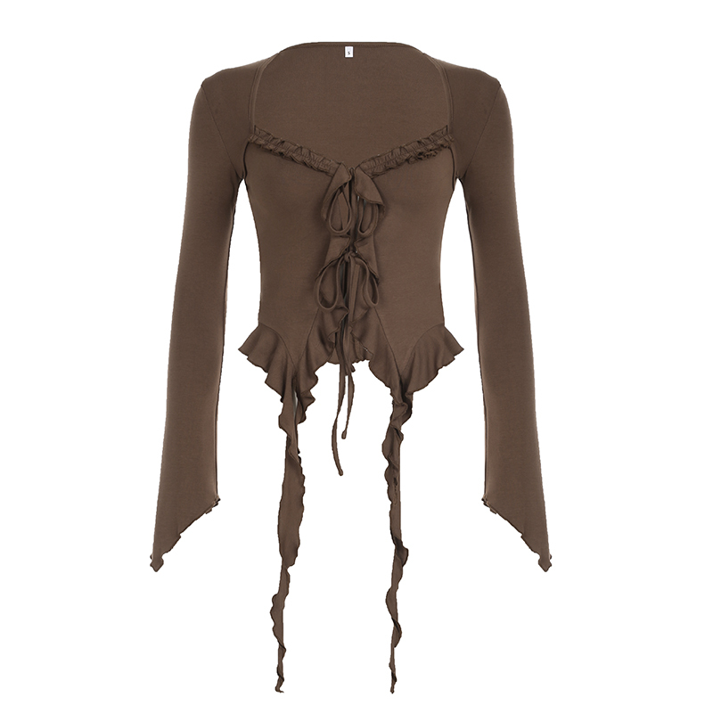 Vintage Wasteland Ruffled Edge Flowing Ribbon Cardigan - Women's Retro Bell Sleeve Shirt with Niche Design