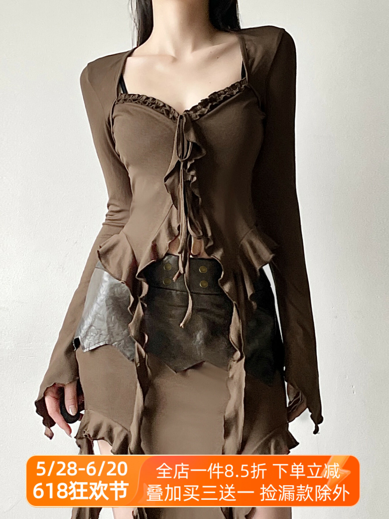 Vintage Wasteland Ruffled Edge Flowing Ribbon Cardigan - Women's Retro Bell Sleeve Shirt with Niche Design