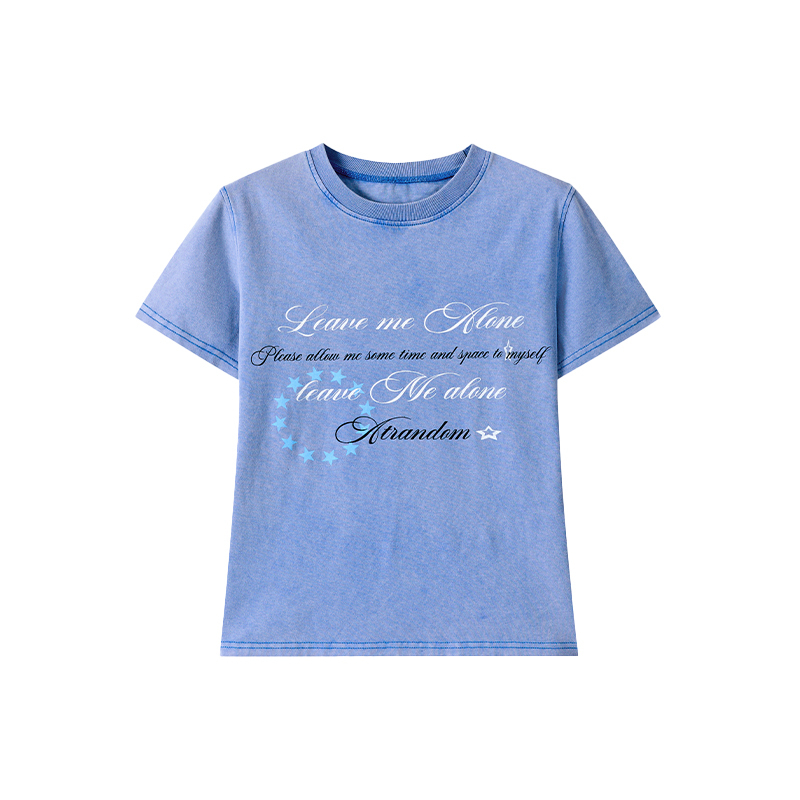 Vintage Water-Wash Casual T-Shirt with Printed Round Neck and Flutter Sleeves - Slightly Fitted Retro Style for Effortless Chic