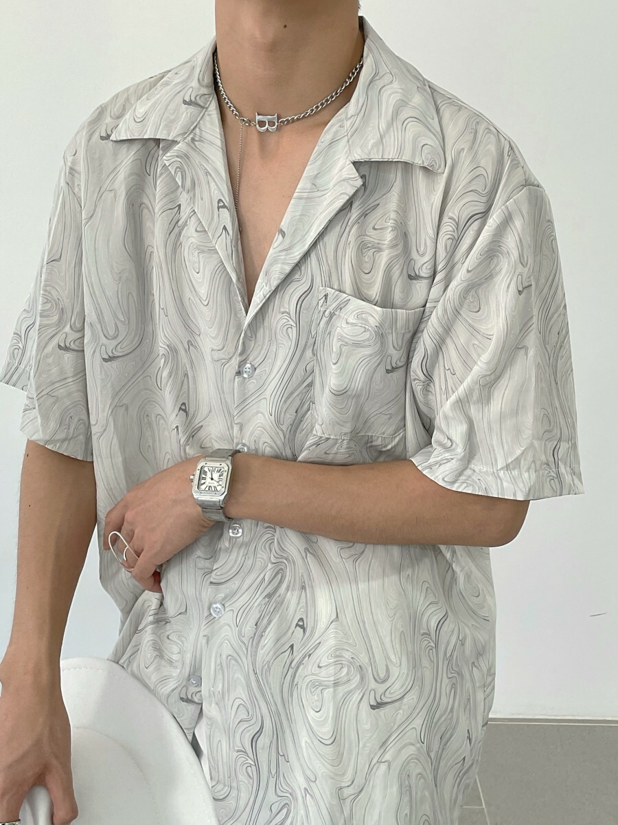 Vintage Wave Pattern Ice Silk Short Sleeve Shirt for Men, Loose Casual Cuban Collar Beach Shirt - Summer Style