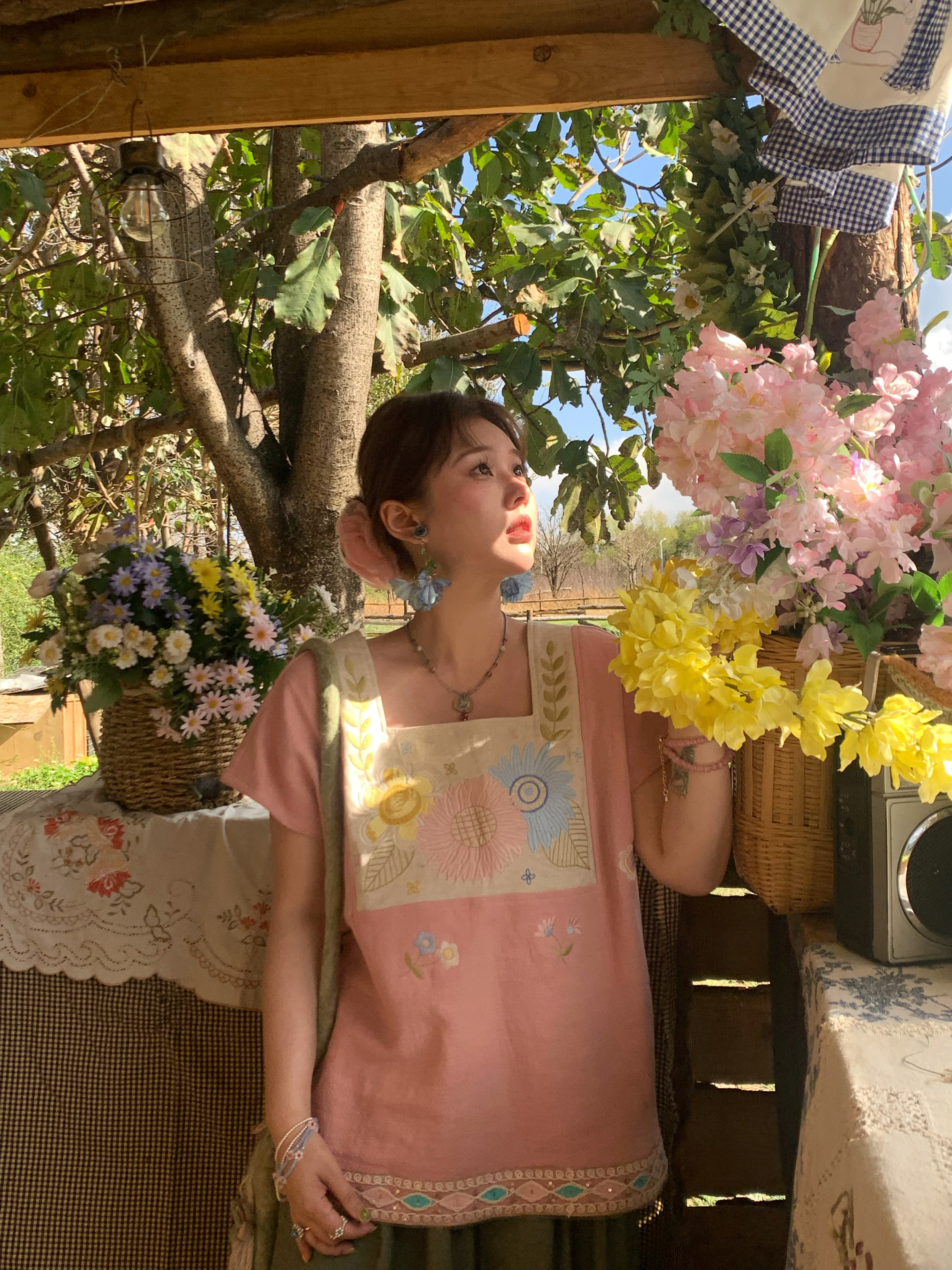 Vintage Wheat Field Dream Embroidered Linen Cotton Short Sleeve Square Neck Top Women's Summer T-Shirt Blouse Y2K Style