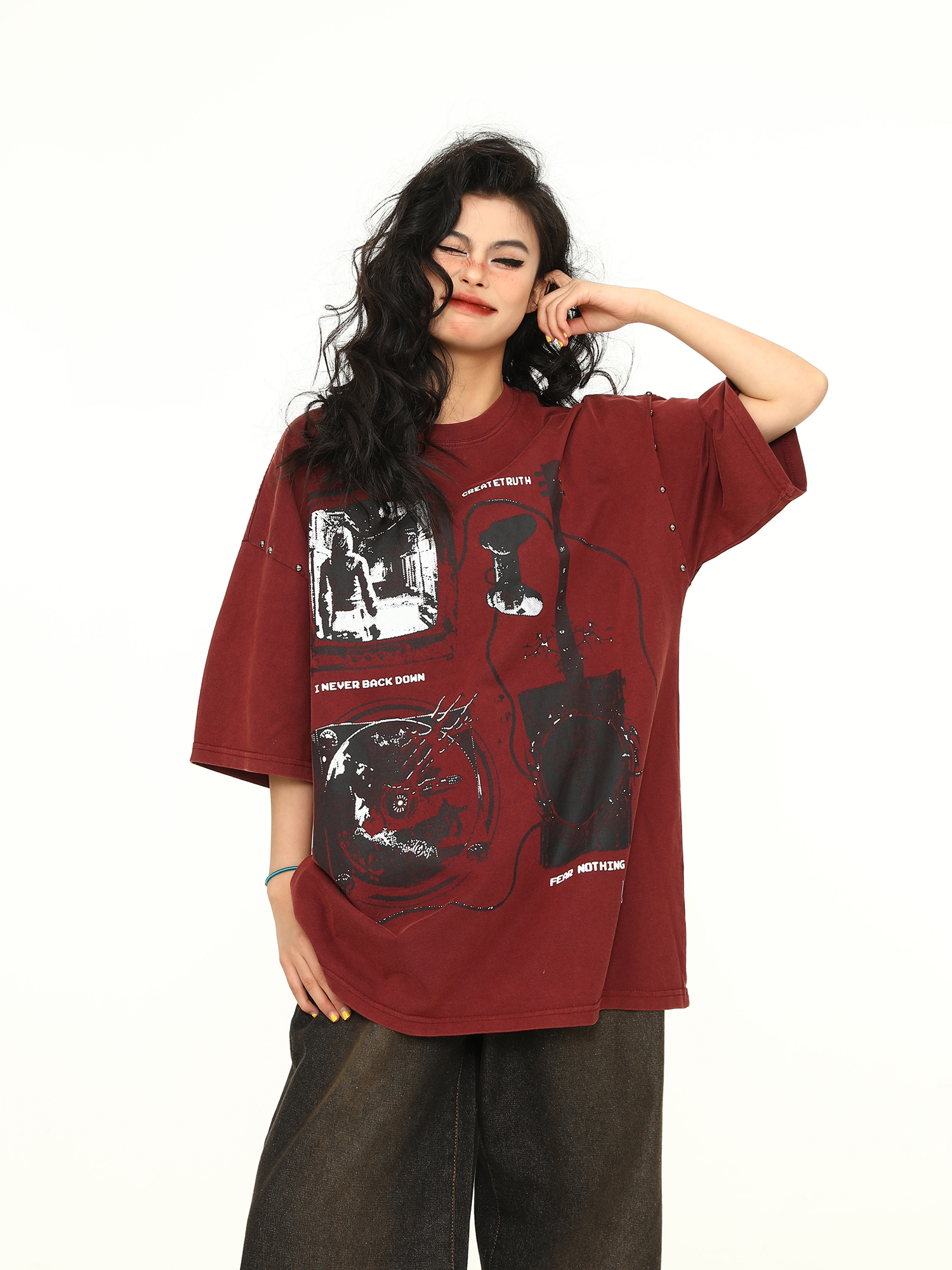 Vintage Wine Red Oversized Short-Sleeve T-Shirt for Men and Women, American Street Style Couple Top, Trendy 90s A-Zi Fashion