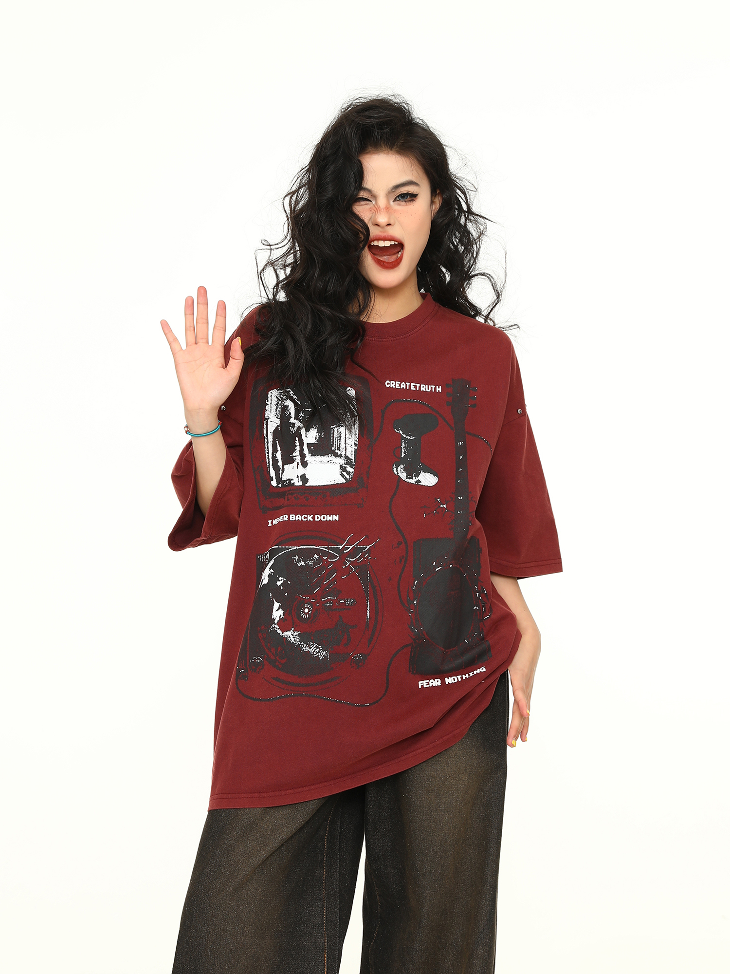 Vintage Wine Red Oversized Short-Sleeve T-Shirt for Men and Women, American Street Style Couple Top, Trendy 90s A-Zi Fashion